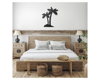 May include: A wooden bed frame with a white duvet and two pillows. The headboard is made of wood and has a natural finish. There are two wicker baskets on the floor in front of the bed. A black metal palm tree wall decor is above the bed.