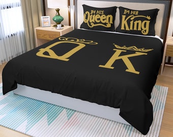 I am her King and I am his Queen Three Piece Duvet Cover Set for bed/ Great for couples/gold & black/ room decor/ bedding/ King and Queen