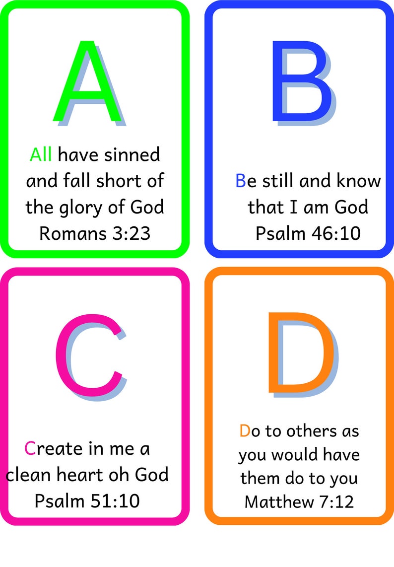 ABC Bible Scriptures Cards for Children, Neon, downloadable, Printable, Canva template EDITABLE/ Great for children to learn bible scripture image 2