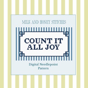 Könnte beinhalten: Eine digitale Stickvorlage mit dem Text MILK AND HONEY STITCHES oben und COUNT IT ALL JOY in der Mitte. Das Design enthält einen dunkelblauen geometrischen Rahmen auf hellblauem Hintergrund mit vertikalen blauen Streifen.