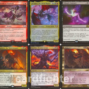 May include: A collection of ten Magic: The Gathering trading cards featuring various demon-themed characters. The cards display detailed fantasy illustrations, text descriptions, and game statistics in a grid layout with black, red, and gold borders.
