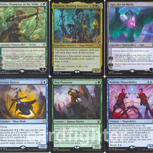 May include: A collection of ten Magic: The Gathering trading cards. The cards feature various fantasy art and text, with different mana symbols and creature types. The cards are in English.