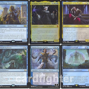 May include: A collection of Magic: The Gathering trading cards. The cards feature various fantasy characters and spells, with vibrant colors and detailed artwork. The cards are in English and include titles like "Papalymo Totolymo" and "Archmage Emeritus".