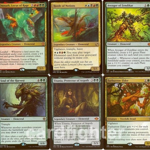 May include: A set of ten Magic: The Gathering cards featuring various green and brown creatures with gold foil accents. The cards are from the Zendikar set and feature creatures like Omnath, Locus of Rage, and Avenger of Zendikar.