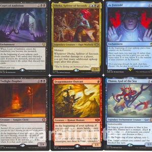 May include: A collection of Magic: The Gathering trading cards. The cards feature various fantasy art and text, with titles like "Court of Cumming", "Court of Ambition", and "Obeka, Splitter of Seconds". The cards are in English.