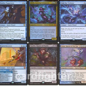 May include: A collection of ten Magic: The Gathering trading cards arranged in two rows of five. The cards feature various fantasy illustrations of faerie creatures, including Tegwyll, Duke of Splendor, Shadow Puppeteers, Alela, Cunning Conqueror, High Fae Trickster, Obyra, Dreaming Duelist, Glen Elendra Liege, Brazen Borrower, Rankle, Master of Pranks, Oona, Queen of the Fae, and Reconnaissance Mission.