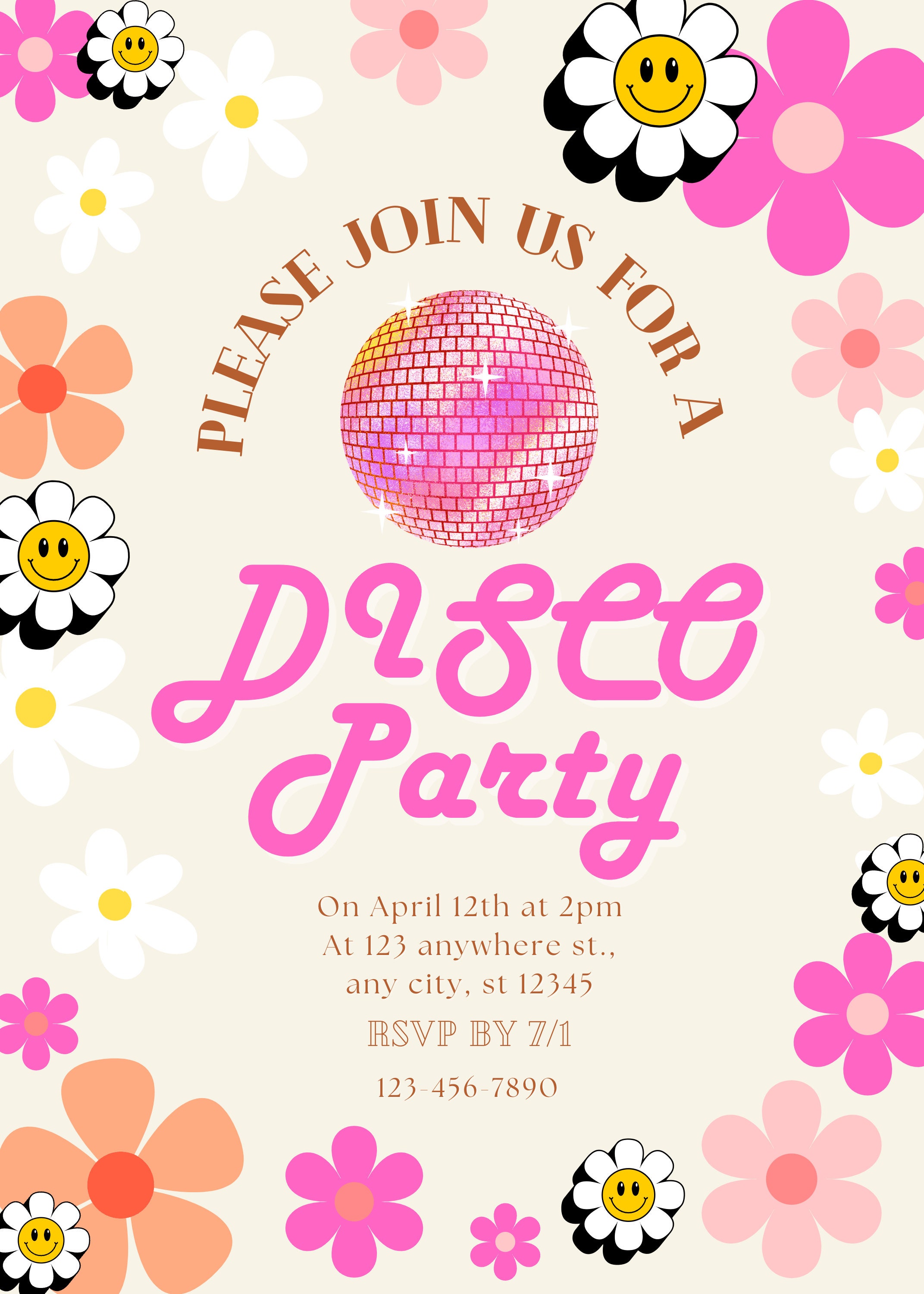 Custom Retro Disco Party Printable Invite, Two-sided Floral Disco ...
