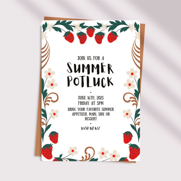 Benutzerdefinierte Sommer Potluck Einladen, Blumen Erdbeerfelder Bearbeitbare Potluck Einladungsvorlage, 5 X7 Bearbeitbare Potluck Party Einladung