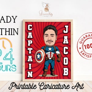 Arte de retrato de superhéroe personalizado, caricatura de superhéroe imprimible para regalo de cumpleaños para él/ella, caricatura digital, arte de superhéroe, dibujo animado personalizado