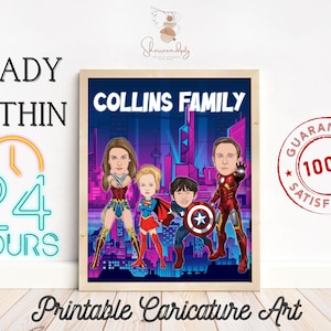Superhero Family Portrait Art, Family Cartoon Caricature Printable For Mom & Dad Birthday Gift, Family Cartoon Art, Digital Caricature Art