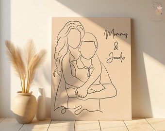 Custom Mother and Son Line Art Portrait: Birthday Gift Canvas