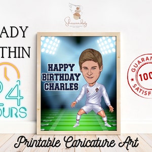 Retrato de jugador de fútbol, caricatura de fútbol personalizada imprimible para regalo de cumpleaños de jugador de fútbol, caricatura personalizada, caricatura de fútbol