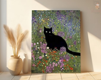 Garden Cat Art Print: Black Cat in Flowers, Animal Portrait