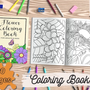 Libro da colorare con fiori semplici, libro da colorare con disegni di fiori per il compleanno degli amici, pagine da colorare carine, stampa di libri con fiori, libro floreale