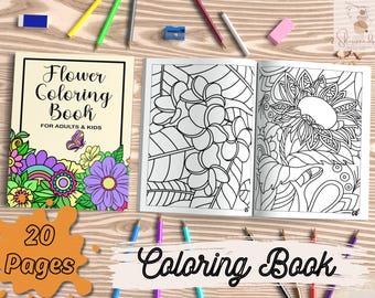 Simple Flower Coloring Book, Flower Drawing Printed Coloring Book For Friends Birthday, Cute Coloring Pages, Flower Book Print, Floral Book