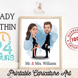 Arte de dibujos animados de boda de pareja, caricatura de retrato de boda imprimible para aniversario de boda de pareja, arte de pareja imprimible, arte digital de boda