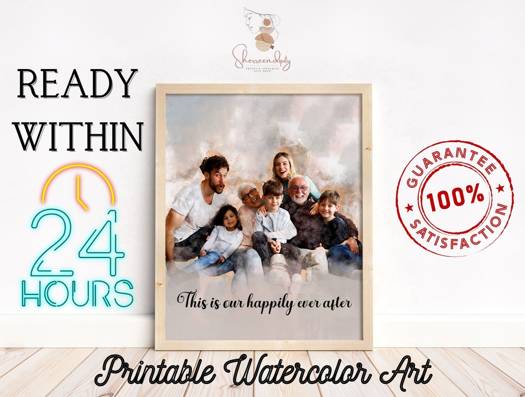 Custom Family Portrait Art, Family Watercolor Portrait Printable for