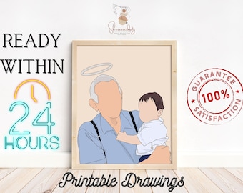 Cadeau commémoratif de grand-père, art imprimable, portrait de grand-père personnalisé pour petit-enfant, portrait d'un être cher, portrait sans visage commémoratif