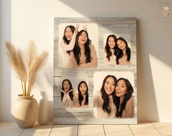 May include: A collage of four photos featuring two women making silly faces. The photos are arranged in a grid on a white wood background.