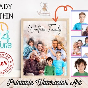 Afdrukbare fotokunst samenvoegen, aangepaste foto's aquarelportret samenvoegen voor familiereünie, gepersonaliseerde fotocollage, familiecollageportret