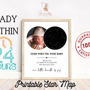 Könnte beinhalten: Eine druckbare Sternenkarte mit einer Schwarzweißillustration des Nachthimmels. Die Karte ist mit dem Geburtsort und dem Geburtsdatum personalisiert. Der Text "Stars When You Were Born" ist über der Karte gedruckt. Der Text "Atlanta, GA 33.748992°N -84.390264°W 19th September 2024" ist unter der Karte gedruckt. Der Text "our little bundle of joy" ist unter dem Geburtsort und dem Geburtsdatum gedruckt. Der Text "Printable Star Map" ist unter der Karte gedruckt.