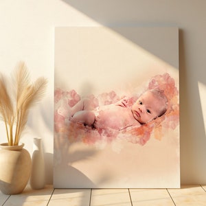 Lienzo con retrato de bebé personalizado, póster con foto de acuarela para cumpleaños de mamá o papá, regalo de bebé personalizado, regalo para nuevos padres, póster de nacimiento de bebé para padres