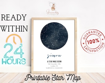 Puede incluir: Un mapa de estrellas imprimible con fondo azul oscuro y estrellas blancas. El mapa muestra el cielo nocturno como se veía el 15 de noviembre de 2016 en Londres, Reino Unido. El texto "siwon A STAR WAS BORN" está impreso debajo del mapa, junto con la fecha, la ubicación y las coordenadas.