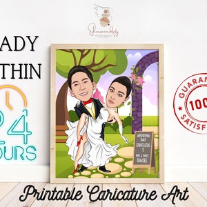 Arte de regalo de boda personalizado, caricatura de retrato de boda imprimible para regalo del día de la boda de pareja, dibujos animados del novio de la novia, retrato de dibujos animados de boda