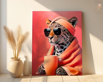 Leopard Drinking Coffee Canvas: Retro Animal Lover Art Poster