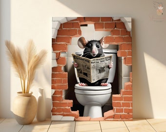 Mouse On Toilet Canvas, Animal Wall Art Poster For Men/Women Housewarming Gift, Funny Mouse Art, Mouse Humor Poster, Funny Bathroom Art