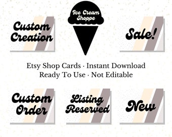 Cookies & Cream Ice Cream Inspired Etsy Shop Cards, Winter Cool Tones, Minimal Aesthetic, Set of 5 Non-editable cards, Ready to Upload