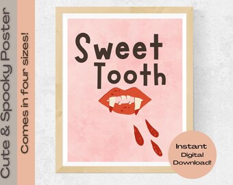 Cute and Spooky Digital Art "Sweet Tooth" Poster, Vintage Halloween, Retro, Pink, Instant Download, Vampire Print, Mid Century, Cute Gothic