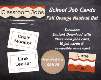 Editable Classroom Job Cards Fall Orange Neutral Set, classroom role template, Bulletin Board Set, Canva, School Decor, Pre-K, Grade School