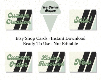 Mint Chip Ice Cream Inspired Etsy Shop Cards, Winter Spring Cool Tones, Fun, Minimal Aesthetic, Set of 5 Non-editable cards, Ready to Upload