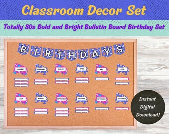 Totally 80s Bold and Bright Classroom Bulletin Board Birthday Set of 3, Abstract, Party, Illustration, School Decor, Barbie, Grade School