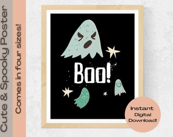 Cute and Spooky Digital Art "BOO" Poster, Vintage Halloween, Retro, Black, Blue, Instant Download, Ghost Print, Mid Century, Cute Ghost