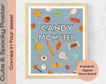 Cute and Spooky Digital Art "Candy Monster" Poster, Vintage Halloween, Retro, Blue, Instant Download, Candy Print, Mid Century, Illustration