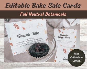 Editable Fall Botanical Bake Sale Cards, Leaves, Thanksgiving, Warm Tones, Illustration, School Decor, Cottage, Edit in Canva, Fundraiser