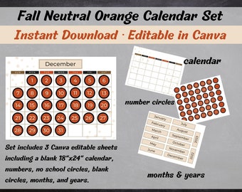 Editable Classroom Calendar Fall Orange Neutral Set, Blank Calendar, Bulletin Board Set, Canva, School Decor