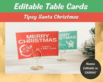 Editable Merry Christmas Table Name Cards, Tipsy Santa, Retro, Illustration, Home Decor, Entertaining, Edit in Canva, Holiday Party