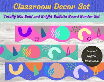 Totally 80s Bold and Bright Classroom Bulletin Board Border Set of 3, Abstract, Neon, Illustration, School Decor, Barbie, Grade School