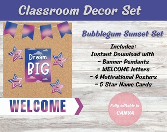 Editable Classroom Decor Bubblegum Sunset, Cool Tones Theme, Bulletin Board Templates, Canva, School Decor, Pre-K, Elementary, Dreamy