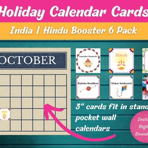 インド ヒンドゥー ポケット 壁掛けカレンダー ブースター 6 カードパック、ホリデー、ディワリ、ホーリー、学校用印刷物、学校装飾、カラフル、フェスティバル、カード挿入