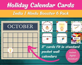 India Hindu Pocket Wall Calendar Booster 6 Card Pack, Holiday, Diwali, Holi, School Printable, School Decor, Colorful, Festival, Card Insert