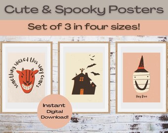 Cute and Spooky Digital Art Prints set of 3, Vintage Halloween, Retro, Pink, Instant Download, Mummy Print, Haunted House Print, Devil Print