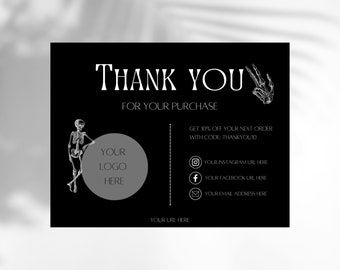 Editable Thank You Card Black and White Skeleton Design, Thank You For Your Order Card, Halloween Theme, Small Shop Card