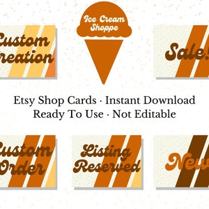 Biglietti ispirati al gelato al burro e noci pecan per Etsy Shop, toni caldi autunnali, retrò, estetica minimalista, set di 5 biglietti non modificabili, pronti per il caricamento