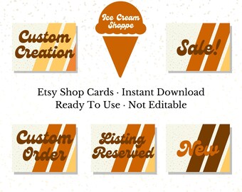 Butter Pecan Ice Cream Inspired Etsy Shop Cards, Fall Warm Tones, Retro, Minimal Aesthetic, Set of 5 Non-editable cards, Ready to Upload