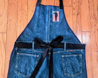 Upcycled Denim Apron | Patriotic American Flag Patch, Unisex Adult Size 44