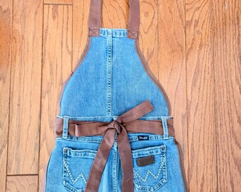 Girls Western Denim Apron | Upcycled Wrangler Jeans, Brown Lace Trim, Size 12